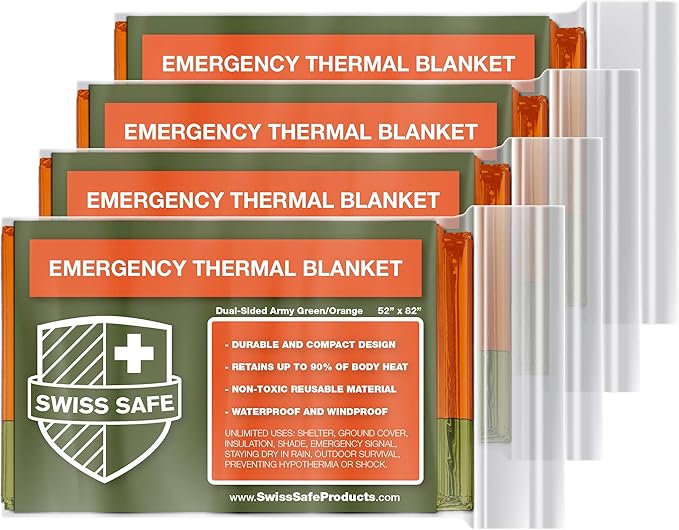 Swiss Safe Emergency Mylar Thermal Blankets + Bonus Space Blanket - Compact & Insulated for Cold Weather - Designed for NASA, Outdoor Camping, Survival, First Aid Car Kit - Orange & Green, 4 Pack