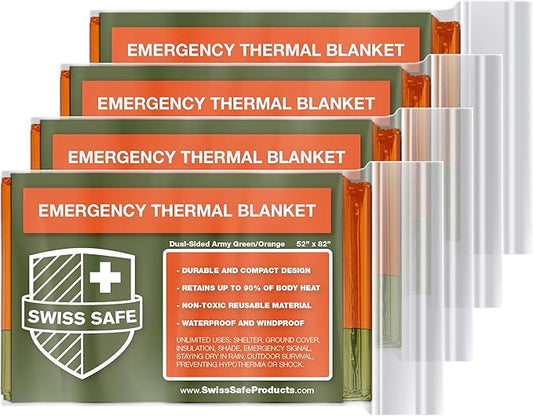 Swiss Safe Emergency Mylar Thermal Blankets + Bonus Space Blanket - Compact & Insulated for Cold Weather - Designed for NASA, Outdoor Camping, Survival, First Aid Car Kit - Orange & Green, 4 Pack