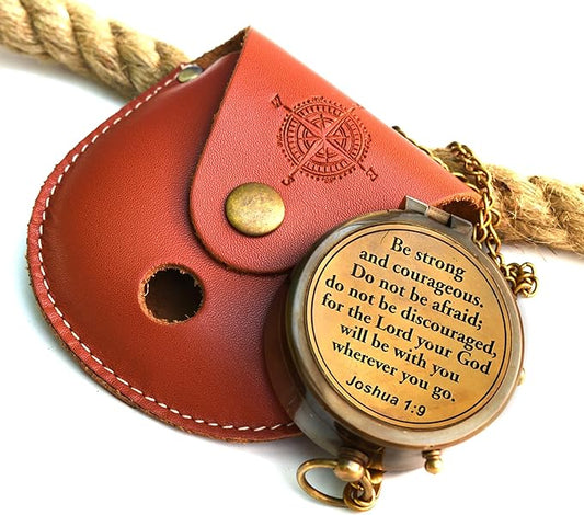 Be Strong and Courageous (Joshua 1:9) Brass Compass with wooden Box-Engraved Scripture Prayer Compass Religious Gift for Men & Women - Baptism, Confirmation, Communion Compass for Boys Graduation Gift