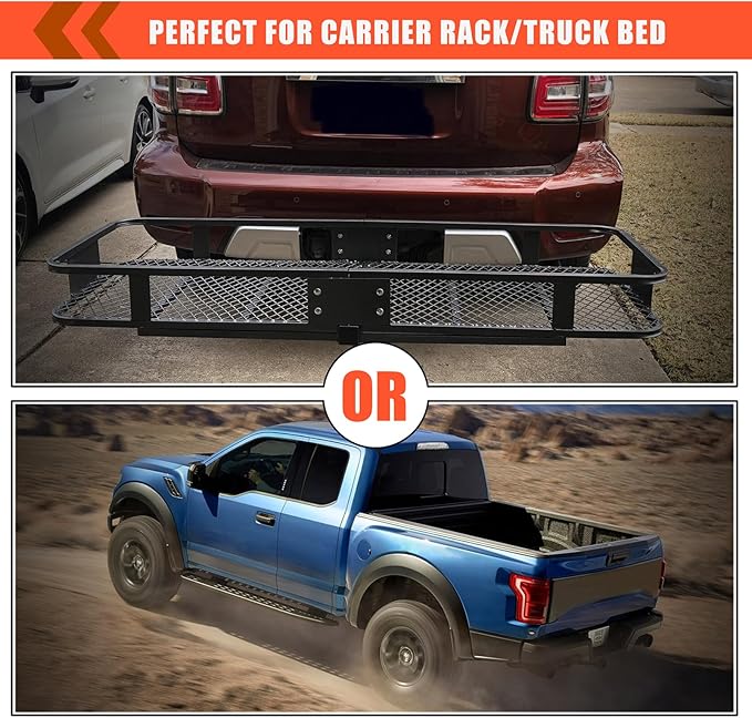 MeeFar Hitch Mount Cargo Carrier Bag Soft Shell 100% Waterproof 20 Cubic Feet (59" 24" 24") Include 8 Reinforced Straps for Truck Pickup All Vehicle with Steel Cargo Basket