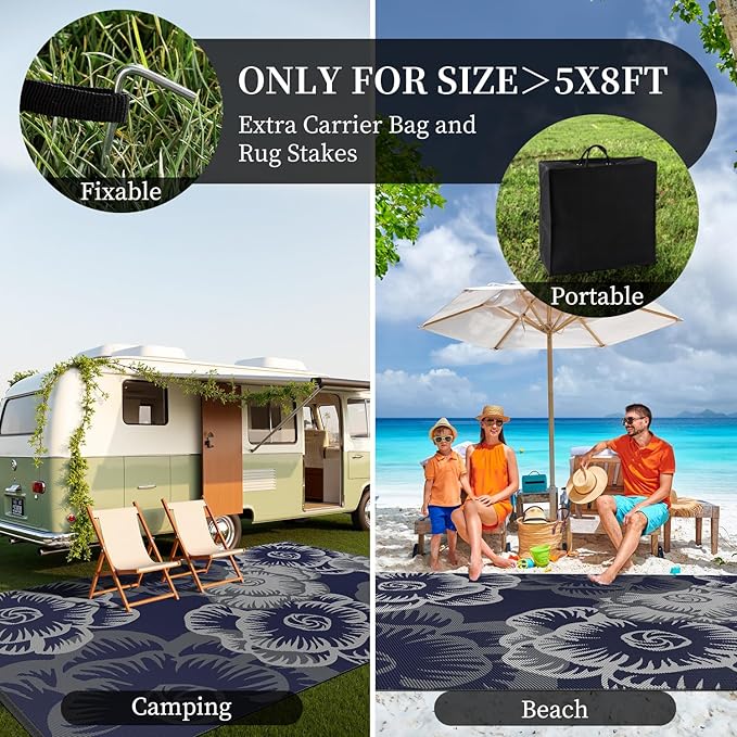 MontVoo Outdoor Rug-Waterproof Patio Rug Mat 5x8 Outdoor Carpet Mat Reversible Plastic Straw Outside Outdoor Rug for RV Camping Picnic Beach Balcony Backyard Pool Deck Farmhouse Floral Navy Blue