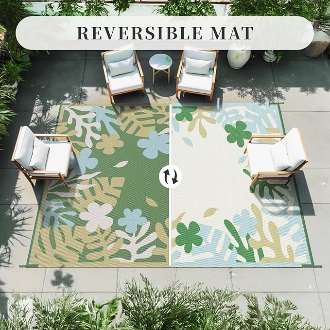 MontVoo Outdoor Rug Waterproof 6x9 ft RV Outdoor Rug for Camping Picnic Mat Outdoor Patio Rug Carpet Plastic Straw Reversible Floral Green Yellow
