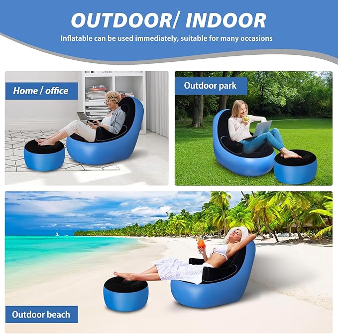 Inflatable Couch with Armrest＆Ottoman, Blow Up Lounger Chair, Folding Lazy Sofa, Inflatable Furniture Without Pump for Camping, Fishing, Party, Beach, Sunbathing, Hiking (Blue)