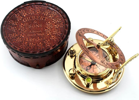 Brass Sundial Compass in Leather Case – Unique Nautical Gifts for Men, Antique Sailing Anniversary Gadget, Maritime Pocket Watch Clock, Nautical Decor for Him