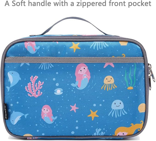 FlowFly Kids Lunch box Insulated Soft Bag Mini Cooler Back to School Thermal Meal Tote Kit for Girls, Boys, Mermaid