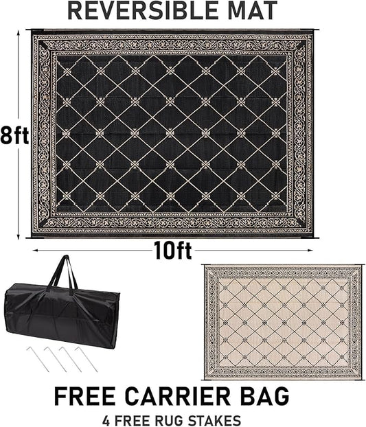 Outdoor Rug 8'x10' for Patios Waterproof Patio Rugs Outdoor Mats for Front Porch,Beach Mat,Reversible Plastic Straw Camping Rugs for Outside RV,Deck,Balcony,Backyard，Black&Beige