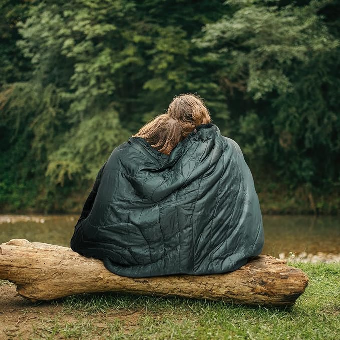 Outdoor Camping Blanket with Sherpa Lining, Extra Warm Thick Camp Blankets & Puffy Ultralight Soft Poncho DWR Camping Quilt for Cold Weather, Adventure,Sleeping,Backpacking 78"x 56"