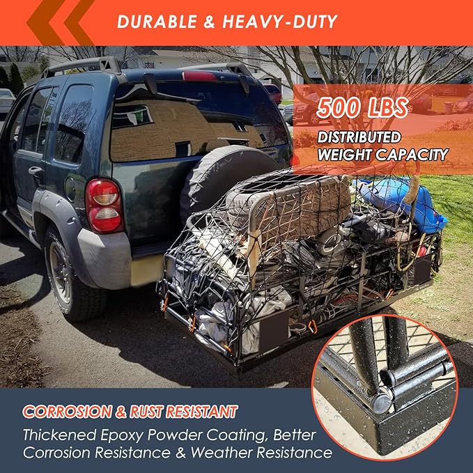 MeeFar High Rail Trailer Folding Hitch Mount Cargo Carrier Basket 60" X 24" X 14"+Waterproof Cargo Bag 20 cu ft(59" 24" 24"), Capacity of 500 Lbs with Hitch Stabilizer, Net, Lock and Straps