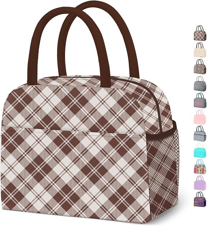 Lunch Bag Lunch Box for Women Men Reusable Insulated Cooler Lunch Tote Bags, Leakproof Cute LunchBag Large Capacity for Work Travel Picnic,Brown Grid