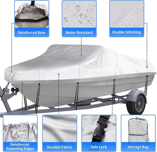 NEXCOVER Trailerable Boat Cover, Length: 14'-16' Beam Width: up to 68", Waterproof Heavy Duty Cover, Fits V-Hull, TRI-Hull, Runabout, Pro-Style, Bass Boat, Storage Bag & Tightening Straps Included.