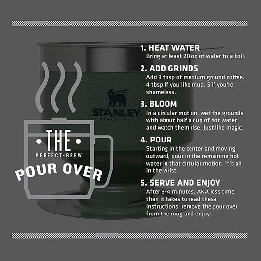 Stanley Perfect Brew Pour Over | Manual Single Cup Coffee Maker | Drip Coffee Maker with Reusable Filter | Easy Clean Stainless Steel | BPA-Free | Hammertone Green