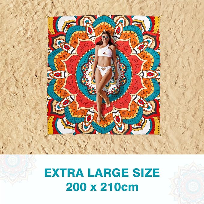 WERNNSAI Beach Blanket - Beach Mat Mandala Beach Blanket 83’’ x 79’’/ 6.5Ft x 7 Ft Waterproof Sandproof Oversized Lightweight Picnic Mat for Adults Outdoor Beach Party Travel Camping Music Festival