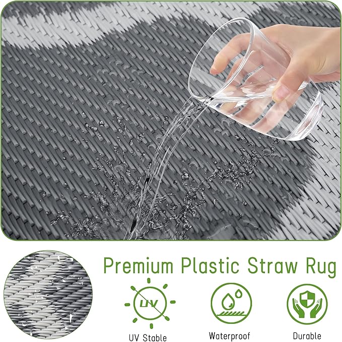 Easy-Going Reversible Outdoor Rugs 6x9ft Waterproof Plastic Straw Rug Stain & UV Resistant Floor Mat for Patio Porch RV Backyard Pool Deck Picnic Beach Trailer Camping (Moroccan Grey & Light Grey)