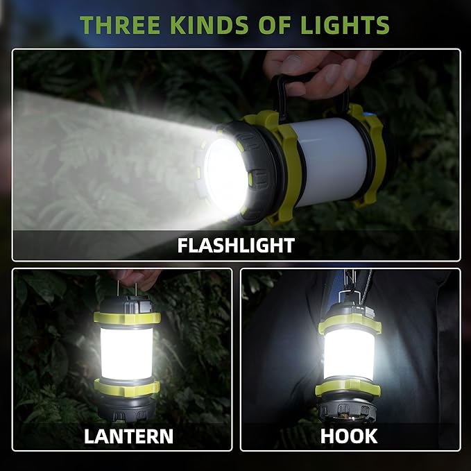 Alpswolf Camping Lantern Rechargeable, 4000mAh Camping Flashlight 6 Modes LED Lantern Portable Rechargeable Lanterns for Power Outage, Emergencies Light for Hiking, Green, 2 Packs