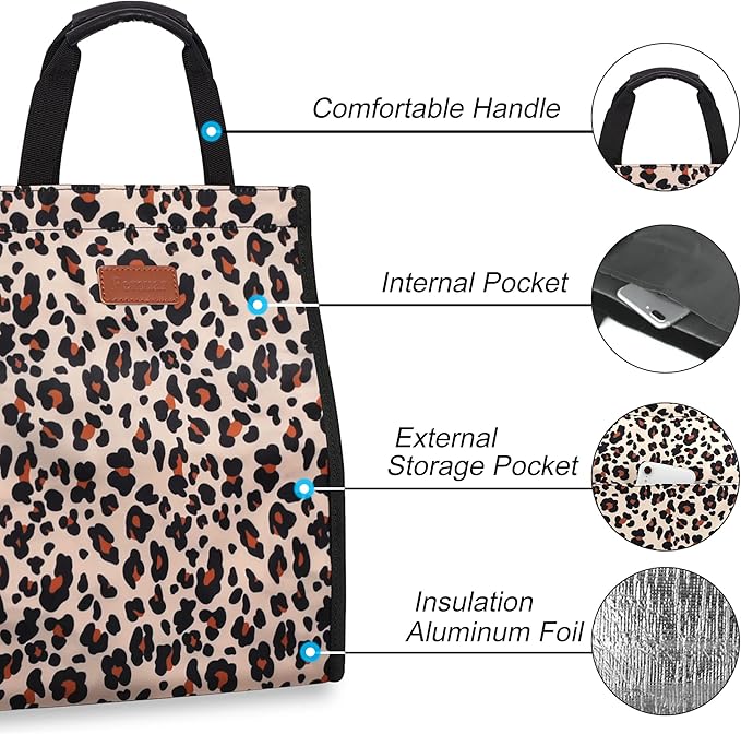 Lunch Bags for Women Insulated Reusable Lunch Tote with Internal Pocket, Lunch Tote bag for Work (Leopard)