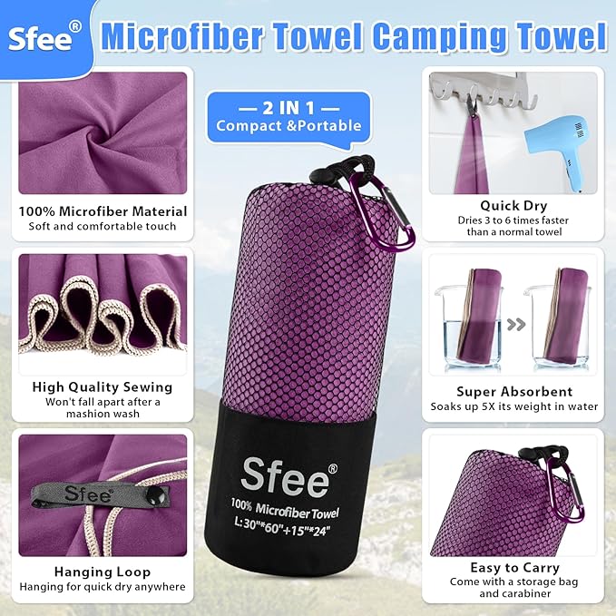 Sfee 2 Pack Microfiber Travel Towel, Quick Dry Towel Camping Towel Large Beach Towel Super Absorbent Compact Lightweight Sports Towel Gym Towel Set for Beach, Gym, Hiking, Pool, Backpacking,Bath,Yoga