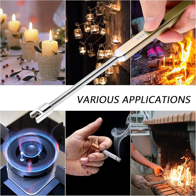 MEIRUBY Lighter Electric Candle Lighter Birthday Women's Day Gifts for Women Mom Wife Men, Long Electronic Rechargeable USB Lighter Arc Windproof Flameless Lighters for Candle Camping BBQ (Gold)