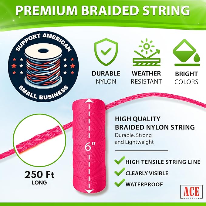 Fluorescent Pink Mason Line String Line - #18 Braided Nylon String - 250 Ft Length - Nylon Twine for Gardening Or Masonry Tools - Perfect Construction String for A String Level, Twine String