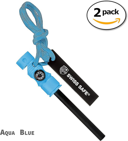 Swiss Safe 5-in-1 Fire Starter with Compass, Paracord and Whistle (2-Pack) for Emergency Survival Kits, Camping, Hiking, All-Weather Magnesium Ferro Rod