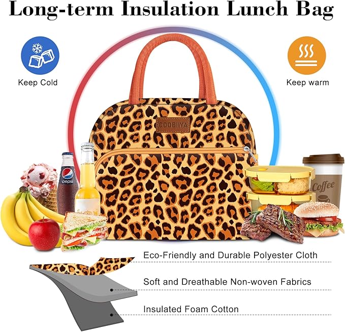 Coobiiya Lunch Bag Women, Lunch Box LunchBag for Women Adult Men, Small Leakproof Cute Lunch Tote Large Capacity Reusable Insulated Cooler Lunch Container for Work/Office/Picnic/Travel-OrangeLeopard