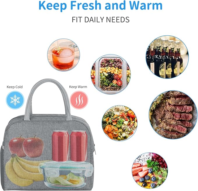 Lunch Bag Lunch Box for Women Men Reusable Insulated Cooler Lunch Tote Bags, Leakproof Cute LunchBag Large Capacity for Work Travel Picnic,Grey