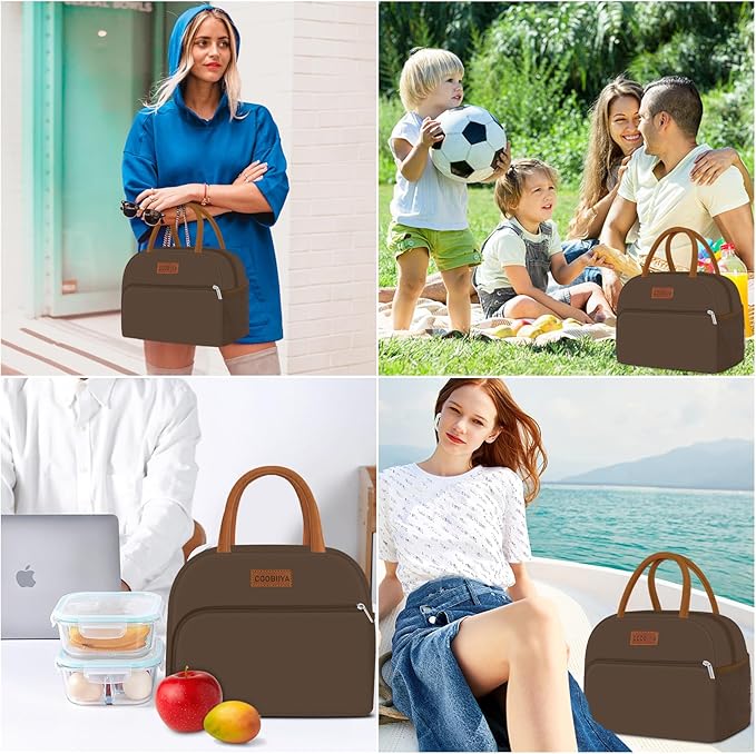 Coobiiya Lunch Bag Women, Lunch Box for Women Adult Men, Small Leakproof Cute Lunch Tote Large Capacity Reusable Insulated Cooler Lunch Container for Work/Office/Picnic/Travel-Brown