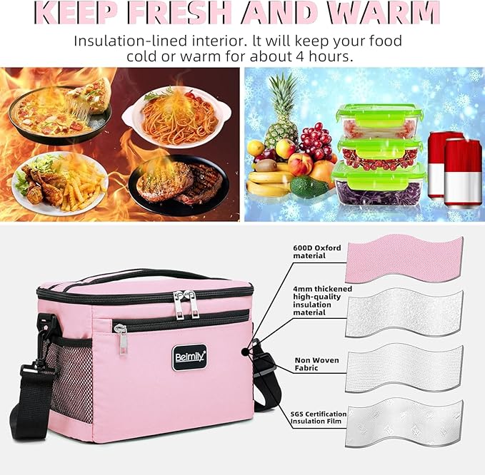 BEIMILY Lunch Box for Men/Women,Small Insulated Lunch Bag,Reusable LunchBox for work Picnic Hiking Beach,Leakproof Soft Cooler Tote Bag Organizer with Adjustable Shoulder Strap for Adults(Pink)