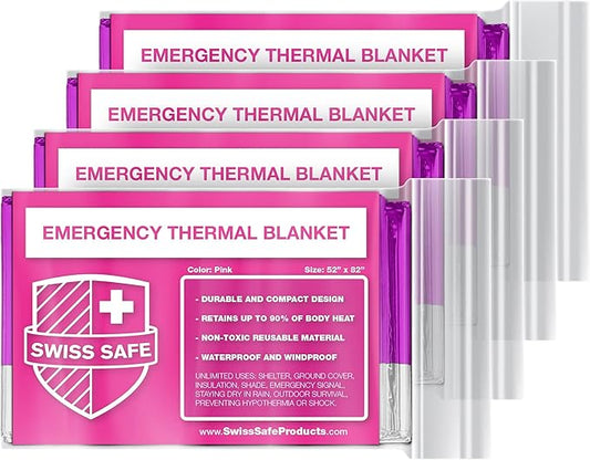 Swiss Safe Emergency Mylar Thermal Blankets + Bonus Space Blanket - Compact & Insulated for Cold Weather - Designed for NASA, Outdoor Camping, Survival, First Aid Car Kit - Pink, 4 Pack