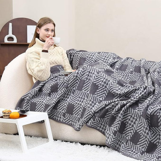 PuTian Merino Wool Blanket - 63" x 51" Thick Warm Soft Twin Bed Throw - Great for Camping, Outdoors, Travel, Car, Couch, All Seasons Houndstooth Grey