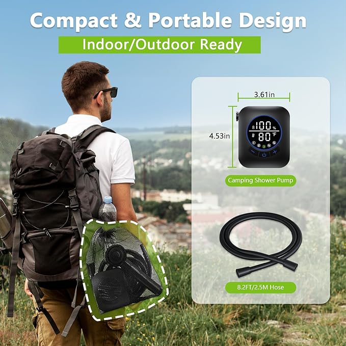 Portable Shower for Camping - 8000mAh Rechargeable Camping Shower with Filter,4 Spray Mode,Extra Long Hose,IPX8 Waterproof Outdoor Shower Pump Kit for Camping,Travel,Hiking,Beach,Car,Pet