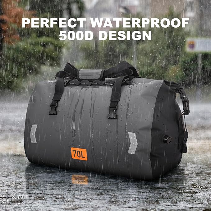 Motorcycle Dry Bag, Waterproof Duffel Bag & Roll-top Dry Duffel Bag, Motorcycle Luggage Travel Bag with Air Valve & Quick-adjust Straps For Riding,Travel, Grey，70L