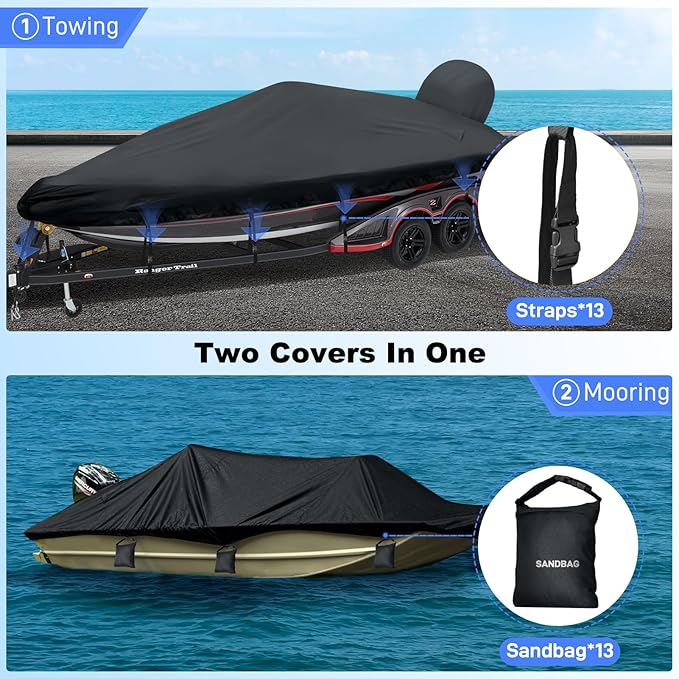 Boat Cover 20-22ft, Bass Tracker Boat Cover with Sand Bag Mooring Kit,1200D Marine Canvas Waterproof Heavy Duty Boat Covers for 20 feet 21ft 22' Foot V Hull Bass & Runabout Boat,Black
