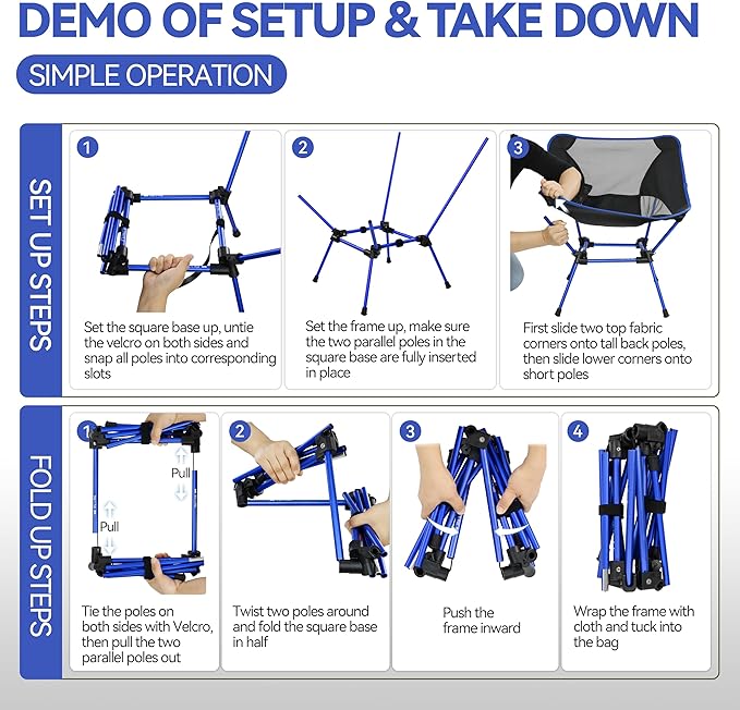 MARCHWAY Ultralight Folding Camping Chair, Heavy Duty Portable Compact for Outdoor Camp, Travel, Beach, Picnic, Festival, Hiking, Lightweight Backpacking (Dark Blue)