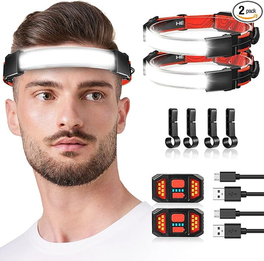Rechargeable Headlamp 2 Pack, 1000 Lumen 230° Wide Beam Headlamp with 3 Modes, Super Bright LED Headlamp, Lightweight Illumination Head Lamp with Red Taillight for Hiking, Running, Fishing, Camping