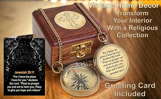 For I Know The Plans I Have For You Brass Magnetic Compass Engraved with Scripture Jeremiah 29:11, Directional Compass, Religious Gifts For Men, Easter Gifts For Teen Boys