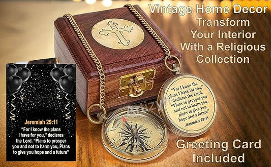For I Know The Plans I Have For You Brass Magnetic Compass Engraved with Scripture Jeremiah 29:11, Directional Compass, Religious Gifts For Men, Easter Gifts For Teen Boys