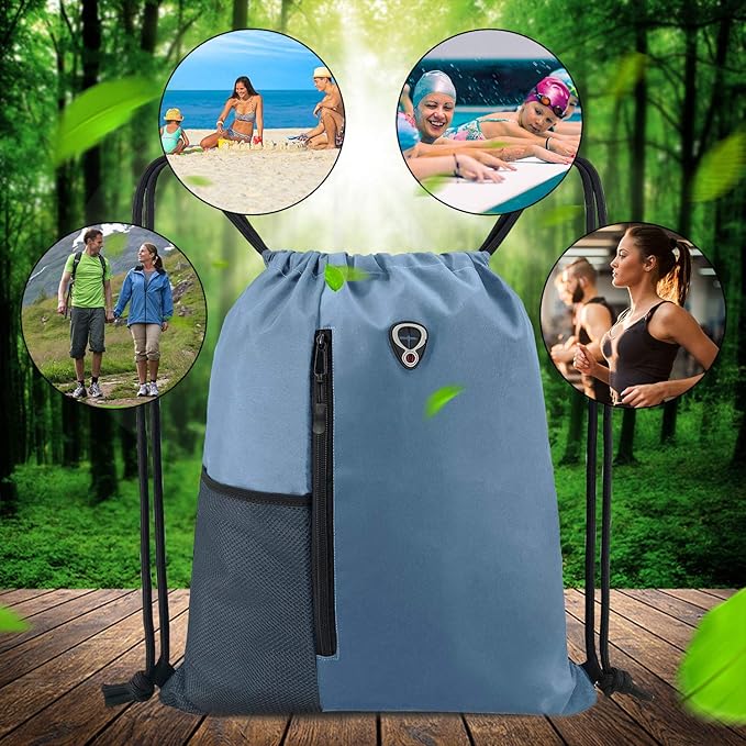 Drawstring Backpack Sports Gym Bag for Women Men Large Size With Two Zipper Pockets and Water Bottle Mesh Pockets