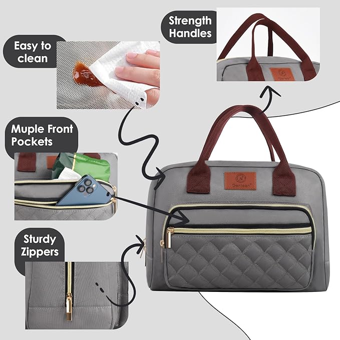 Genteen Lunch Bag for Women Girls Teens,Insulated Adult Lunch Boxes for Women,Reusable Cute Lunch Bags for Work,High Capacity Tote Lunchbox Cooler for Office Travel Picnic School-Gray