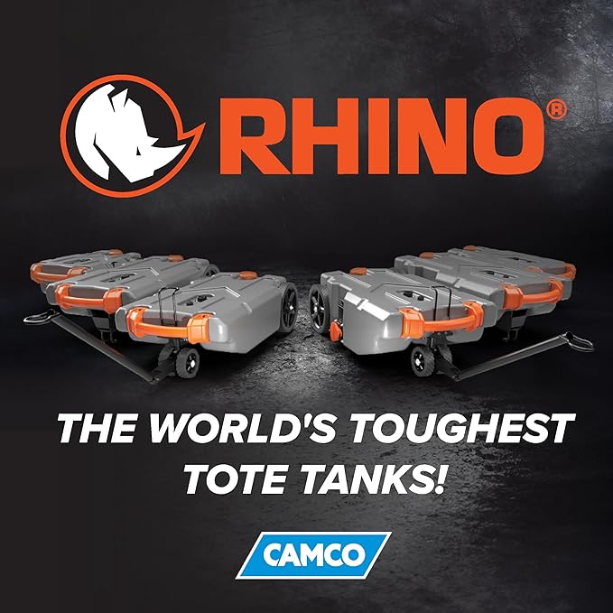 Camco Rhino 15-Gallon Portable RV Tote Tank - Features Large Heavy-Duty No-Flat Wheels & Low Drain Hole - Includes Removable Steel Tow Adapter, 3’ Sewer Hose & More RV Accessories (39000)