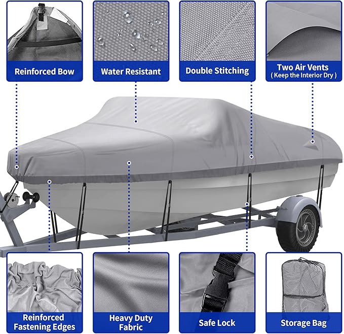 NEXCOVER Trailerable Boat Cover, Length: 20’-23’ Beam Width: up to 100”, Waterproof Heavy Duty Cover, Fits V-Hull, TRI-Hull, Runabout, Pro-Style, Bass Boat, Storage Bag & Tightening Straps Included.