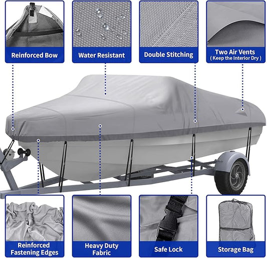 NEXCOVER Trailerable Boat Cover, Length: 20’-23’ Beam Width: up to 100”, Waterproof Heavy Duty Cover, Fits V-Hull, TRI-Hull, Runabout, Pro-Style, Bass Boat, Storage Bag & Tightening Straps Included.