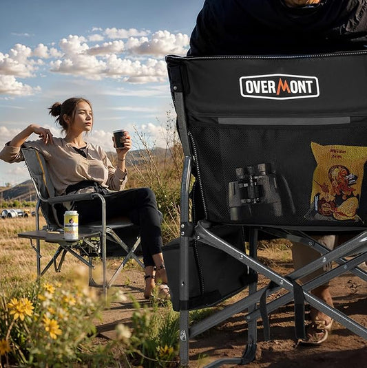Overmont Oversized Lightweight Camping Chair - Comfortable Heavy Duty Foldable Directors Chairs with Side Table & Cooler Bag for Outside Camp Beach Picnic Lawn and Fishing Supports 400lbs