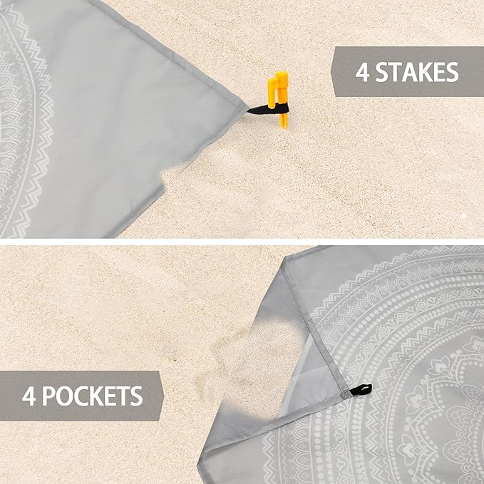 Beach Blanket Waterproof Sandproof, Large 78''×86'' Beach Mat for 1-4 Adults, Lightweight Compact & Quick Dry Sand Free Outdoor Picnic Blankets w/ 4 Stakes & 4 Corner Pockets-Grey Mandala Blossom