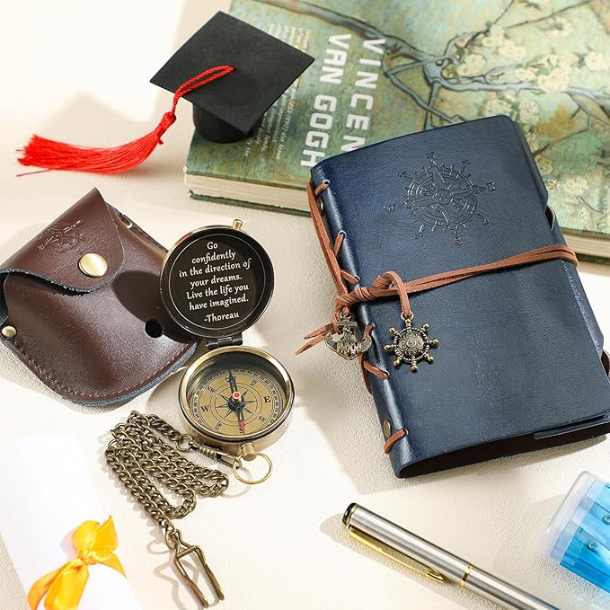 Kanayu 2 Pcs Compass Graduation Gift Compass with Stamped Leather Case and Leather Journal Notebook High School College Graduation Gifts for Him