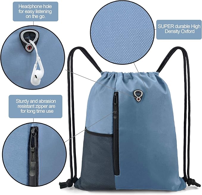 Drawstring Backpack Sports Gym Bag for Women Men Large Size With Two Zipper Pockets and Water Bottle Mesh Pockets