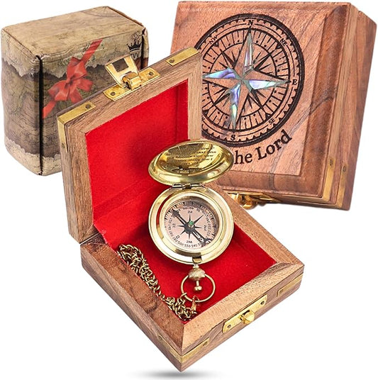 TVV-Christian Compass Gift for Him – Solid Brass Pocket Compass with Bible Verses – Baptism Gifts for Boys, Religious Compass Gift for Graduation, Confirmation – Includes Wooden Box & Greeting Card