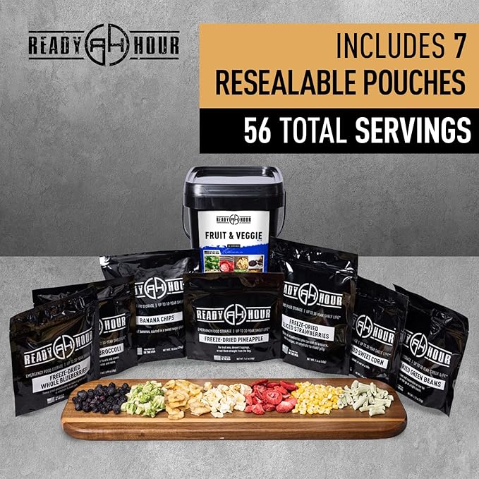 Ready Hour, Fruit & Veggie Mix, Non-Perishable Freeze-Dried Food, 30-Year Shelf Life, Portable Emergency and Adventure Food Supply, Durable Flood Safe Container, 56 Servings