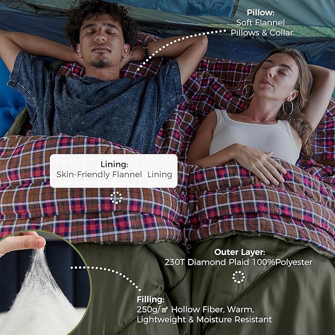 KingCamp Double Sleeping Bag for Adults, Queen Size 2 Person XXL Flannel Sleeping Bag, Waterproof Lightweight Flannel Quilt with 2 Pillows, Perfect for Couples Family Camping Hiking