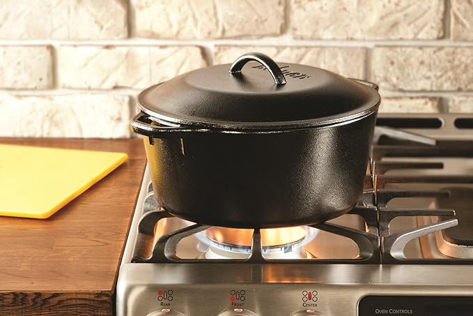 Lodge 7-Quart Cast Iron Dutch Oven – Made in USA, Pre-Seasoned, PFAS-Free & Non-Toxic, Heat-Treated, Induction Compatible, Self-Basting Lid, Durable Multi-Use Cooking Pot for Oven to Table