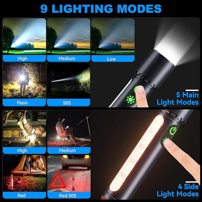 Magnetic Rechargeable Flashlights,2000LM 5000mAh High Lumens Flashlight with 9 Modes,Waterproof, Adjustable,Powerful Flashlight,Multi-Flashlights for Car,Home,Hiking,Camping